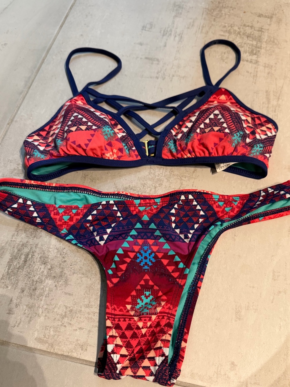 The Bikini Lab Red Teal Navy Tribal Print Bikini Size Small